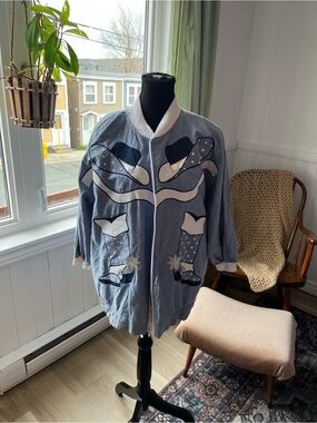 Vintage Blue Novelty Appliqué Jacket - western /cowboy - sm-med fit